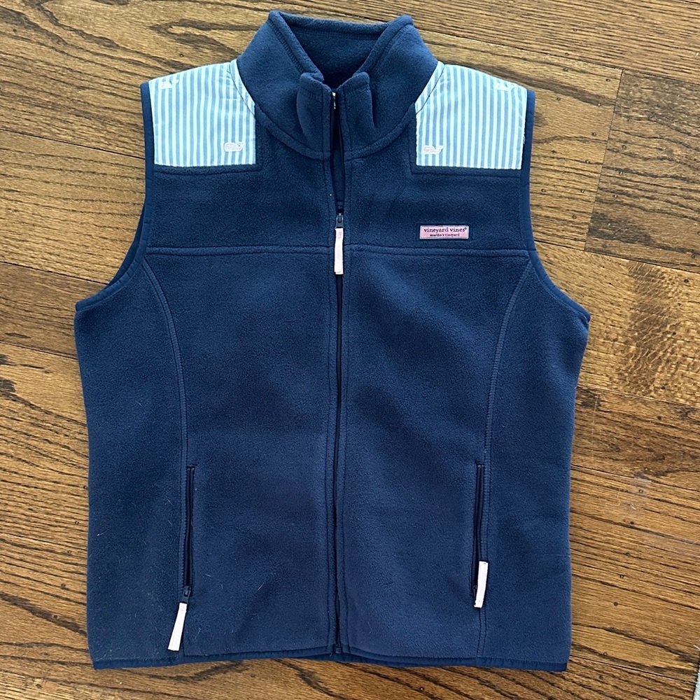 NWOT! Vineyard Vines Girls Navy Fleece Vest with Striped Shoulders sz XL